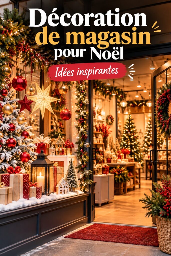 Magasin décoré pour Noël dans un style bohème, avec des guirlandes et des ornements chaleureux.
