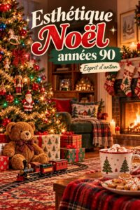 Ambiance de Noël des années 90 avec des décorations vintage et chaleureuses.