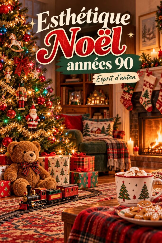 Ambiance de Noël des années 90 avec des décorations vintage et chaleureuses.