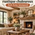 Un salon rustique et chaleureux avec des meubles en bois et des textiles doux.