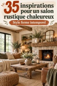 Un salon rustique et chaleureux avec des meubles en bois et des textiles doux.