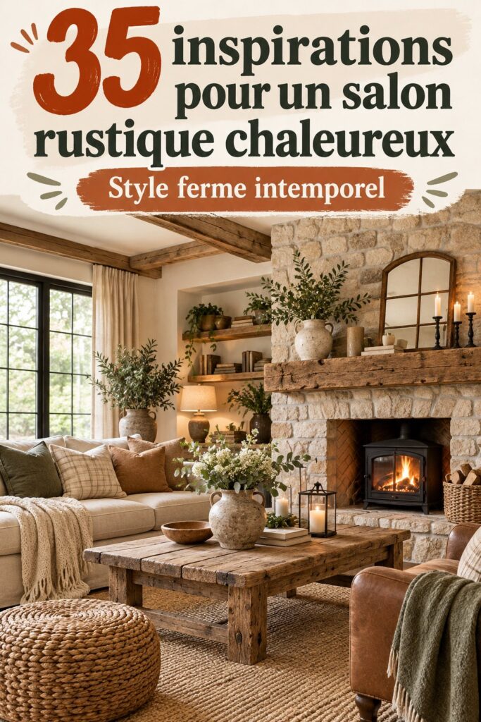 Un salon rustique et chaleureux avec des meubles en bois et des textiles doux.