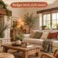 Un salon de style fermette chaleureux avec des meubles en bois et des accessoires délicats.