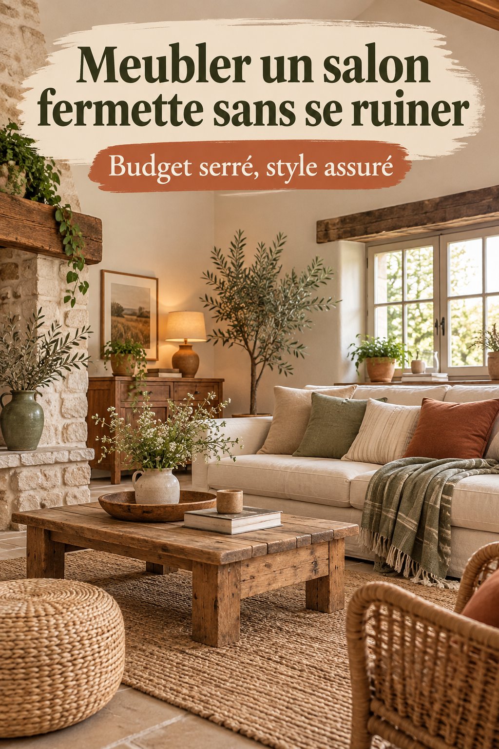 Un salon de style fermette chaleureux avec des meubles en bois et des accessoires délicats.