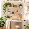 Un petit bureau blanc bien décoré avec des accessoires bohèmes et plantes.