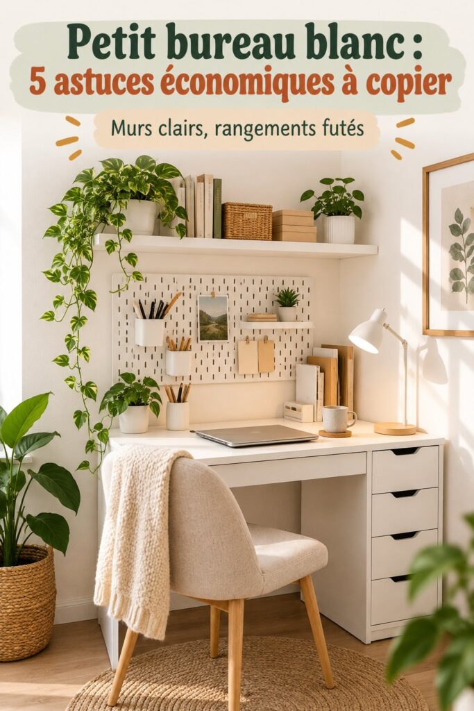 Un petit bureau blanc bien décoré avec des accessoires bohèmes et plantes.
