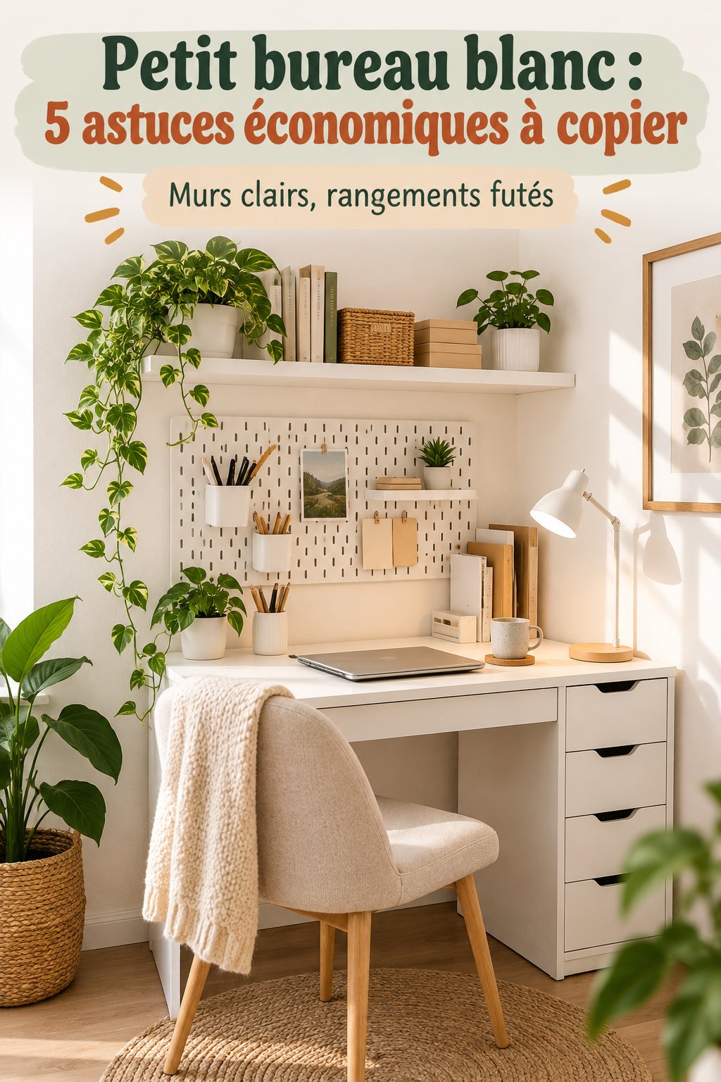 Un petit bureau blanc bien décoré avec des accessoires bohèmes et plantes.
