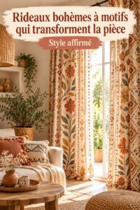 Rideaux bohèmes à motifs colorés dans un salon accueillant.