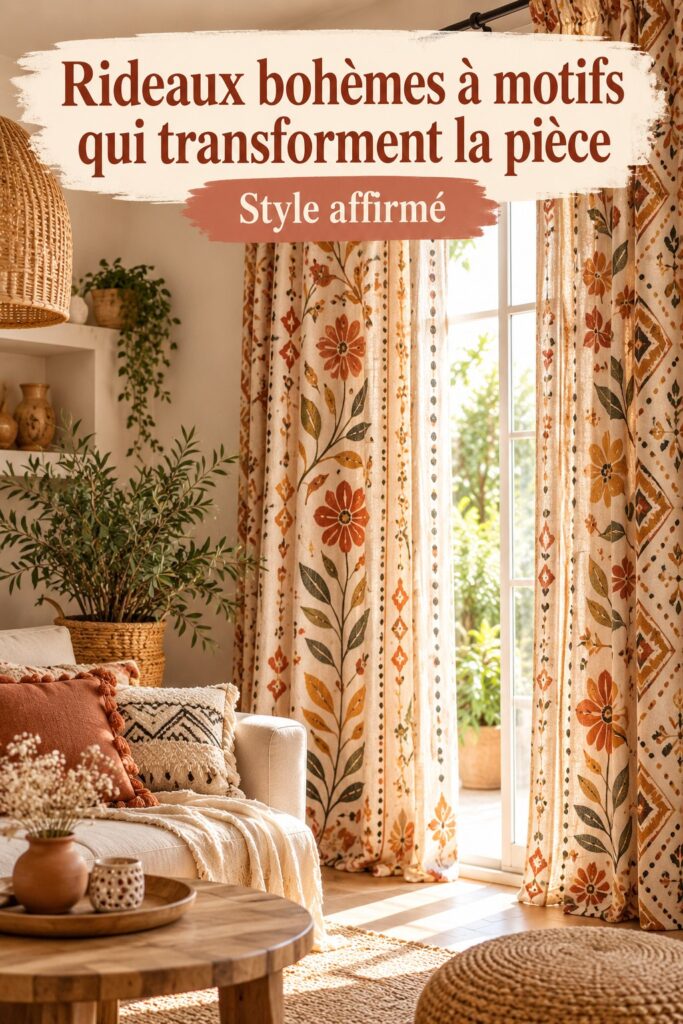Rideaux bohèmes à motifs colorés dans un salon accueillant.