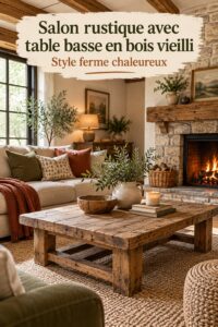 Salon bohème avec tables en bois vieilli et des coussins colorés