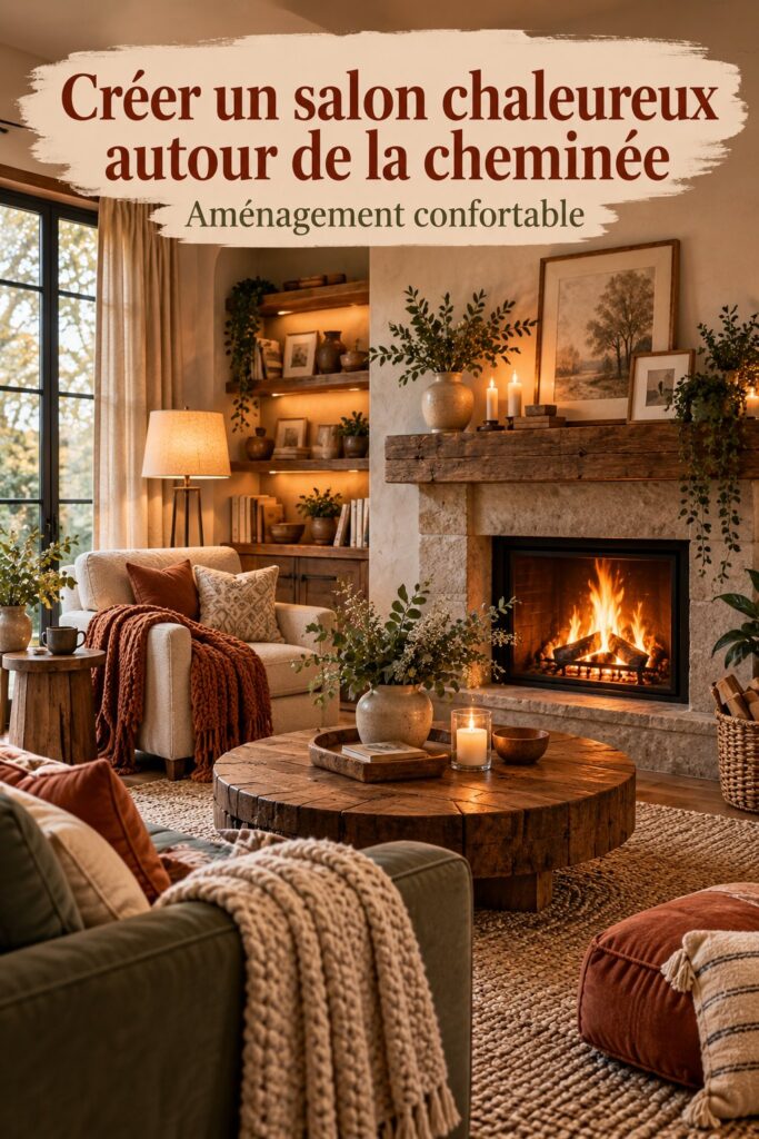 Salon cosy avec cheminée en point focal, décoration bohème