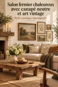 Salon de style ferme chaleureux avec un canapé neutre et des œuvres d'art vintage