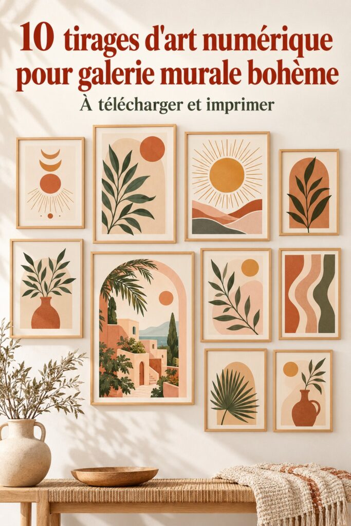 Collection de tirages d'art numérique bohème accrochés sur un mur dans une galerie décorative.